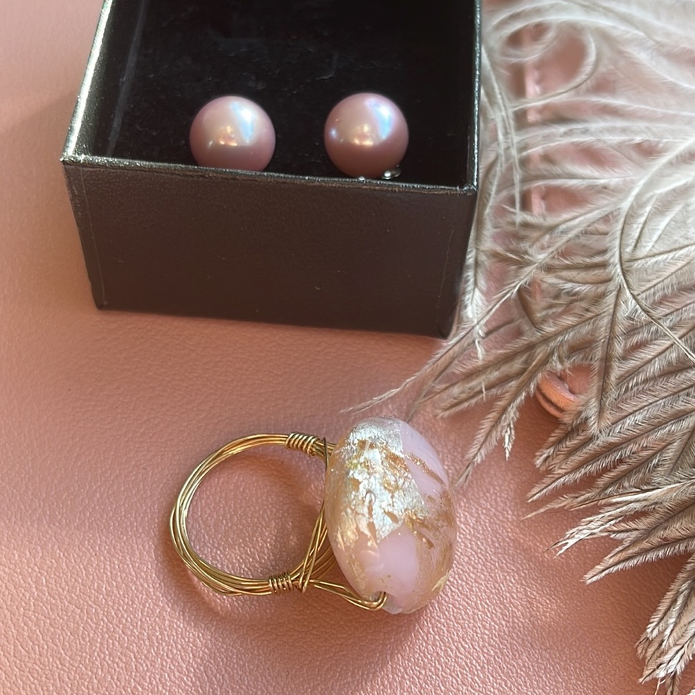 Pink Pearl Earrings & Glass ring Handmade Artisan Y2K gold - Picture 4 of 8